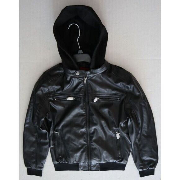 GUESS Men's Sz S Jet Black Faux-Leather Detachable-Hood Motorcycle Jacket - Picture 8 of 13